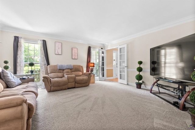 carpeted living room featuring crown molding and french doors