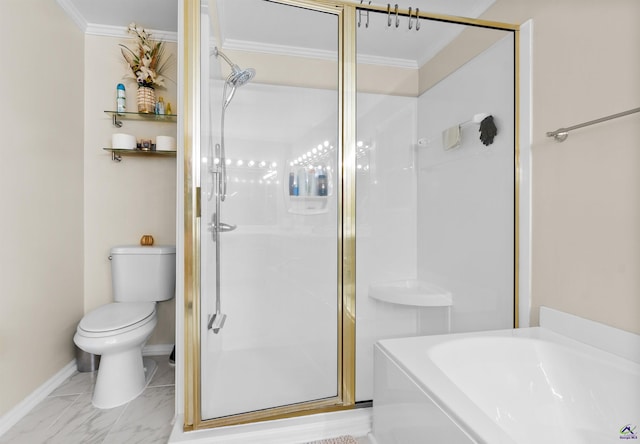 bathroom featuring toilet, ornamental molding, and plus walk in shower