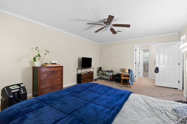 carpeted bedroom with connected bathroom, ceiling fan, and ornamental molding