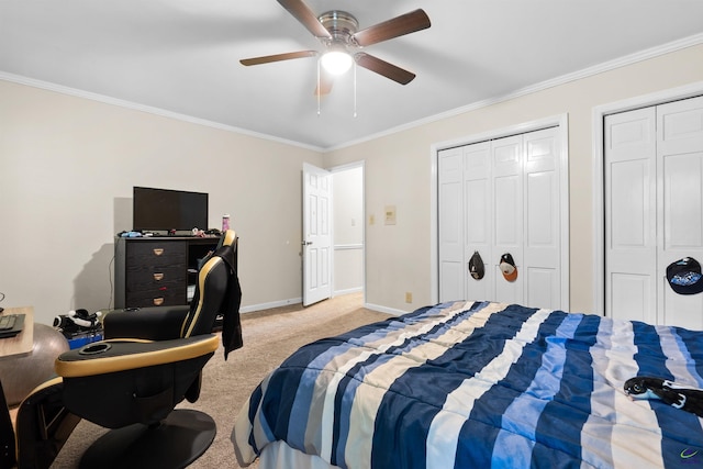 bedroom with crown molding, ceiling fan, and light colored carpet