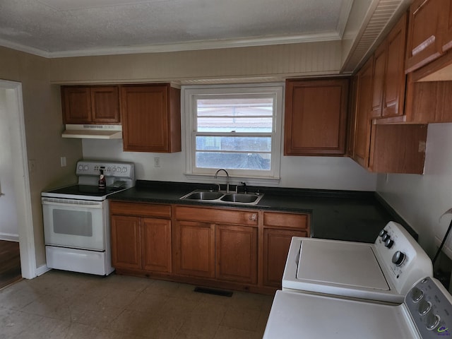 kitchen featuring washer / dryer, white range with electric cooktop, ornamental molding, and sink