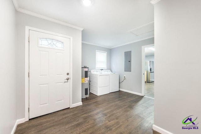 laundry area featuring washer and clothes dryer, crown molding, water heater, electric panel, and dark hardwood / wood-style floors