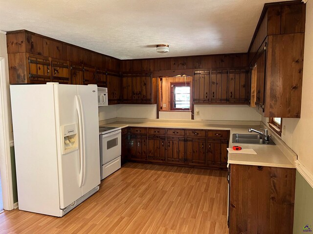 kitchen featuring sink, light hardwood / wood-style floors, a textured ceiling, white appliances, and dark brown cabinets