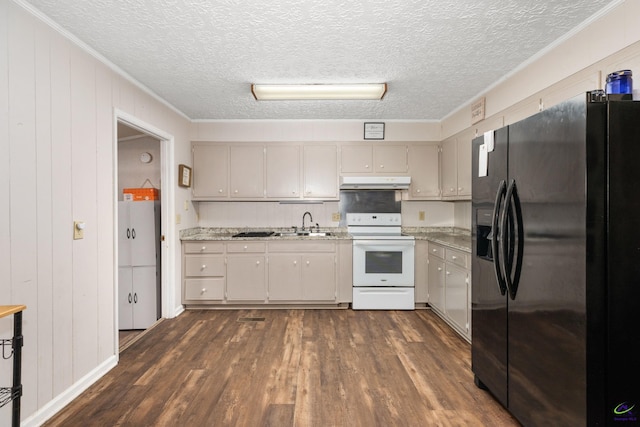 kitchen featuring dark hardwood / wood-style flooring, ornamental molding, black fridge with ice dispenser, white range with electric stovetop, and sink