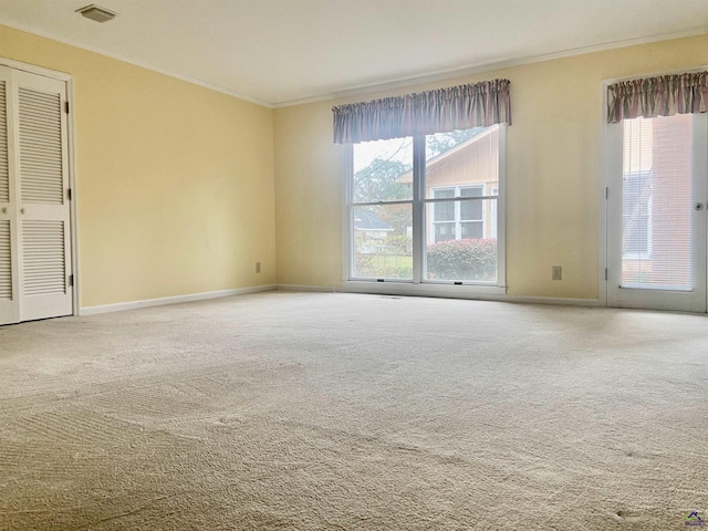 carpeted spare room with ornamental molding