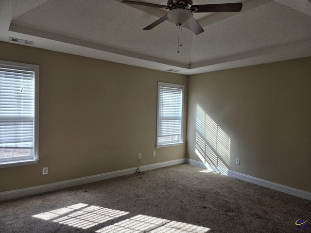 carpeted spare room with a raised ceiling, ceiling fan, and a textured ceiling