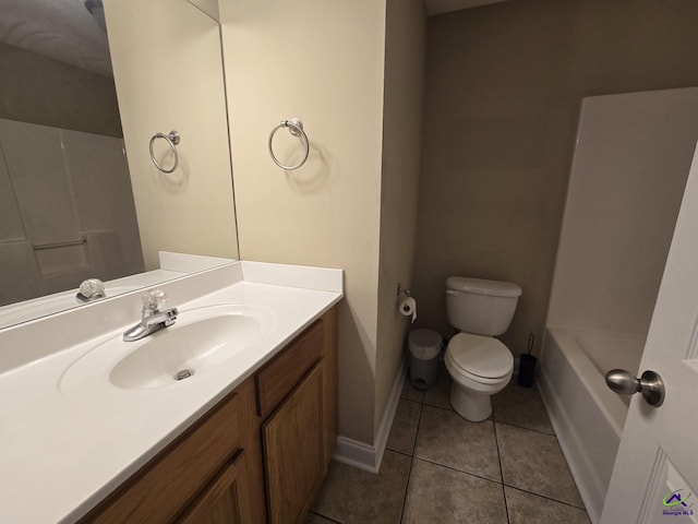 full bathroom with tub / shower combination, toilet, vanity, and tile patterned flooring