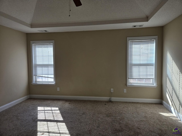 spare room with ceiling fan, plenty of natural light, and a raised ceiling