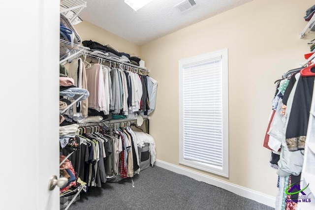 spacious closet featuring dark colored carpet