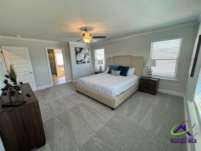 bedroom with ceiling fan, crown molding, connected bathroom, and light carpet