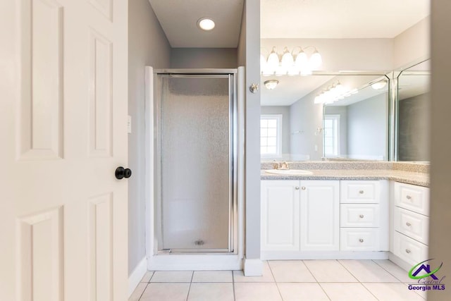 bathroom featuring tile patterned floors, vanity, and walk in shower