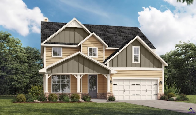 craftsman house featuring a front lawn and a garage