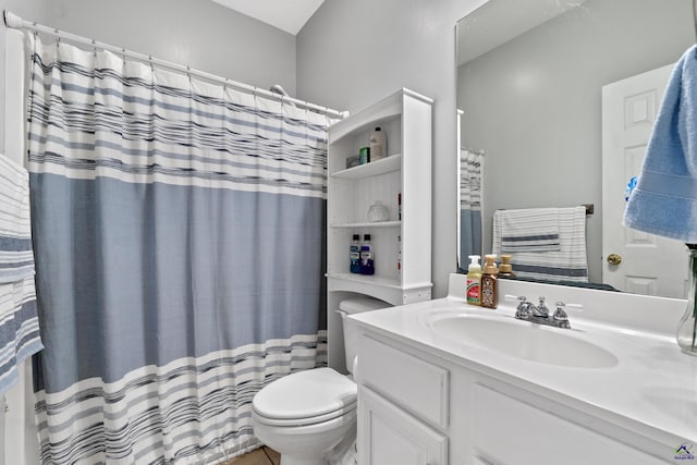 bathroom featuring vanity, a shower with shower curtain, and toilet