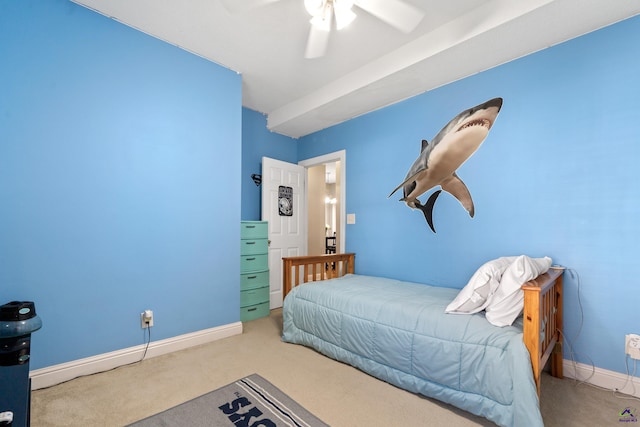 bedroom with light colored carpet and ceiling fan