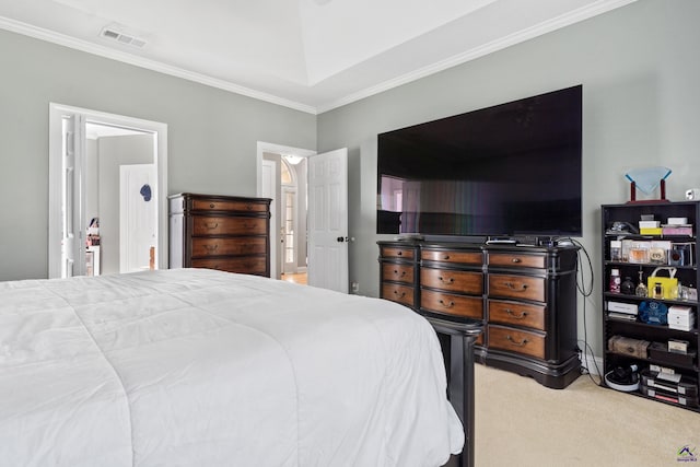 bedroom featuring carpet and ornamental molding