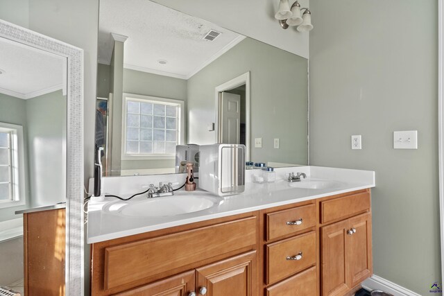 bathroom with vanity, a textured ceiling, and ornamental molding