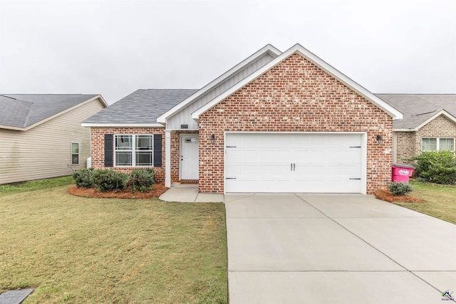 ranch-style house featuring a garage and a front yard