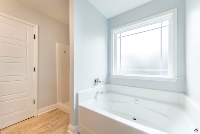 bathroom with separate shower and tub and hardwood / wood-style floors