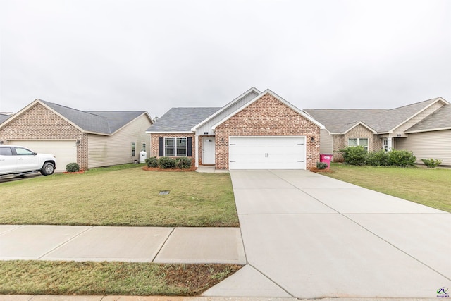 ranch-style home with a front yard and a garage