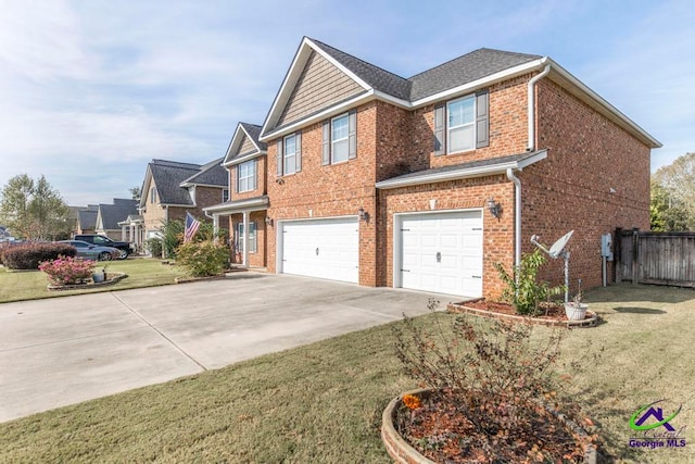 view of home's exterior featuring a garage and a lawn