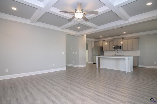 unfurnished living room featuring ceiling fan, light hardwood / wood-style floors, and coffered ceiling