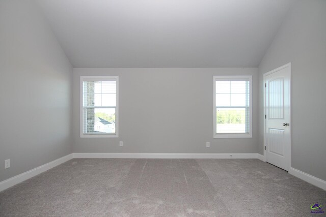 unfurnished room featuring carpet flooring, vaulted ceiling, and a healthy amount of sunlight