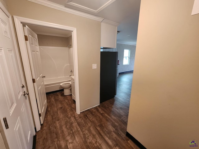 hallway featuring dark hardwood / wood-style flooring and crown molding