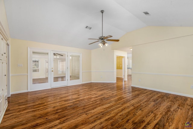 unfurnished living room featuring french doors, ceiling fan, hardwood / wood-style floors, and vaulted ceiling