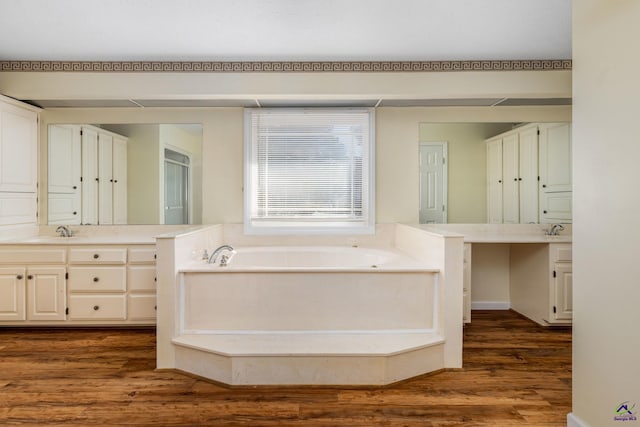 bathroom with a washtub, vanity, and wood-type flooring