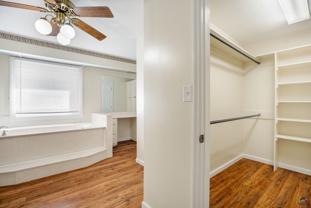 walk in closet featuring ceiling fan and hardwood / wood-style flooring