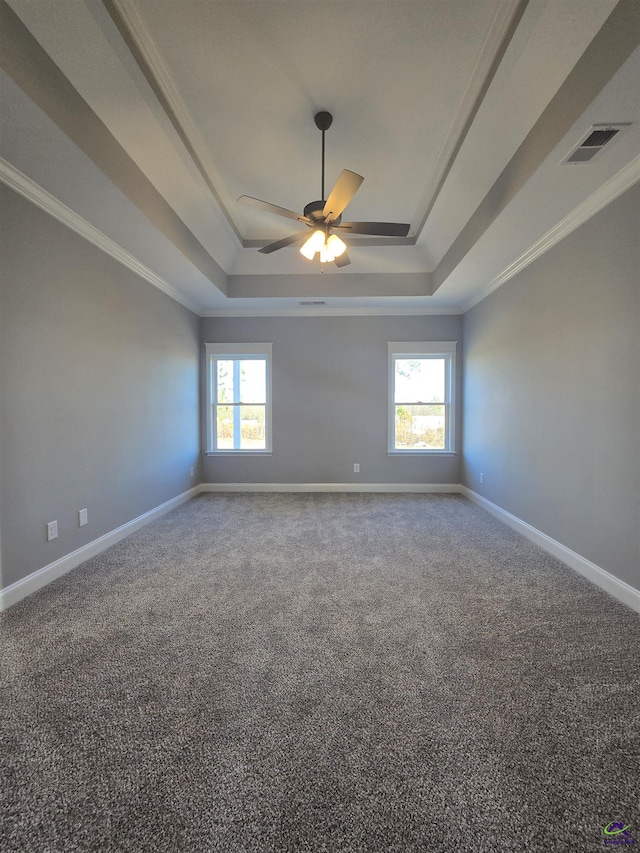 unfurnished room with a tray ceiling, crown molding, and a healthy amount of sunlight