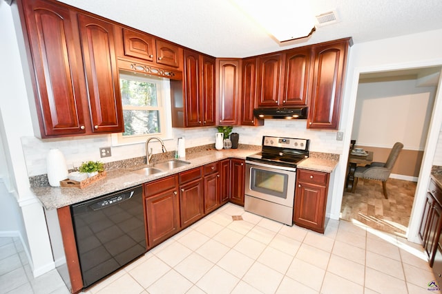 kitchen with backsplash, sink, electric range, light stone countertops, and black dishwasher