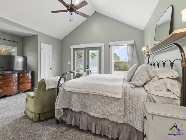 carpeted bedroom featuring high vaulted ceiling and ceiling fan