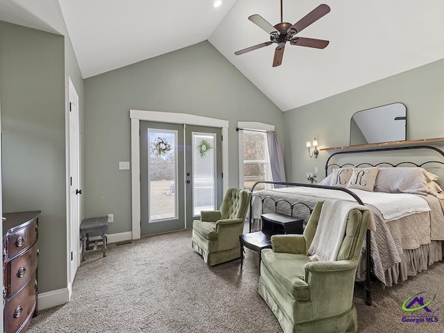 carpeted bedroom with access to outside, ceiling fan, and high vaulted ceiling