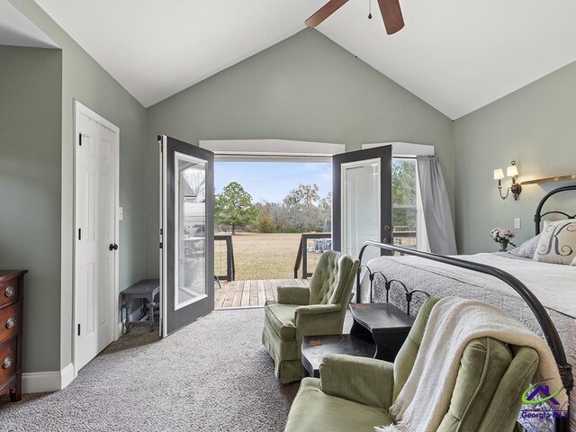 bedroom featuring ceiling fan, carpet floors, high vaulted ceiling, and french doors