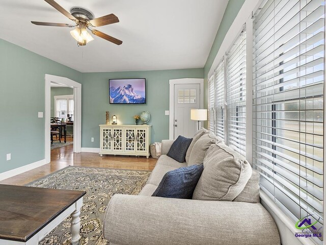 living room featuring hardwood / wood-style flooring and ceiling fan