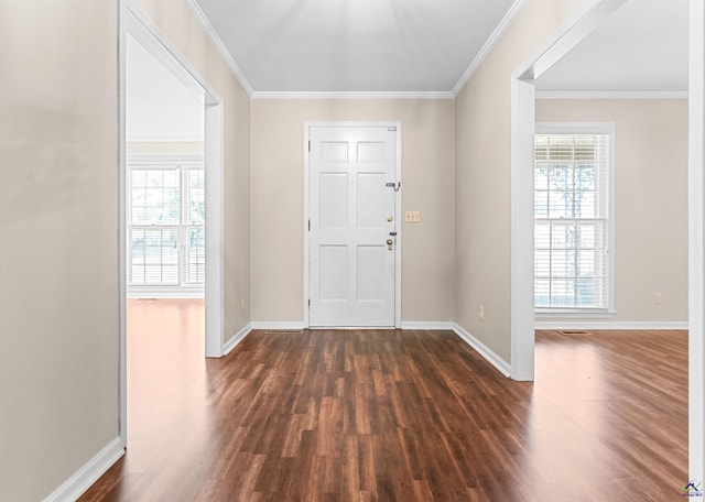 foyer entrance with plenty of natural light, dark hardwood / wood-style floors, and crown molding