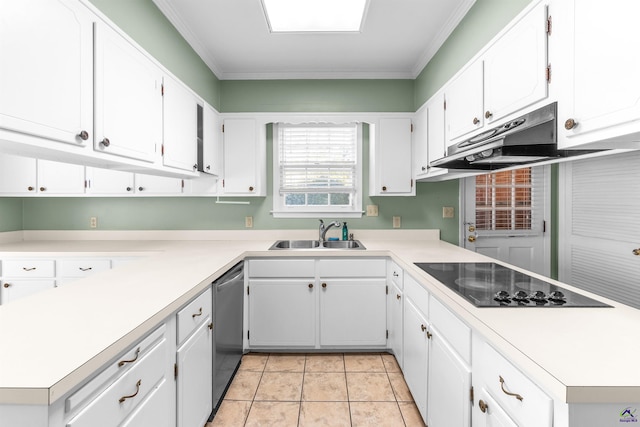 kitchen featuring black electric stovetop, stainless steel dishwasher, crown molding, sink, and white cabinetry