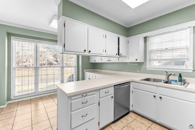 kitchen with stainless steel dishwasher, a healthy amount of sunlight, white cabinetry, and sink