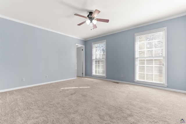 spare room featuring ceiling fan, carpet floors, and crown molding