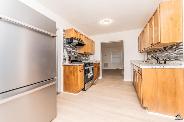 kitchen with decorative backsplash, sink, stainless steel appliances, and light wood-type flooring