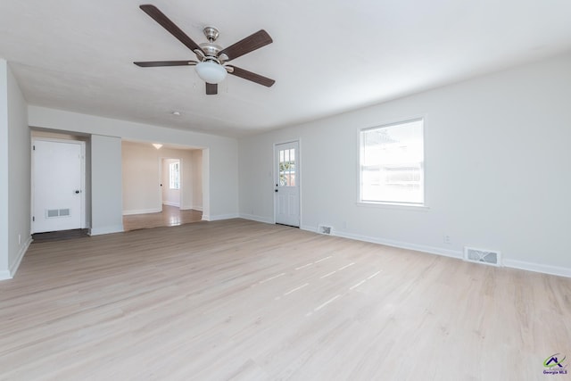 unfurnished living room with light wood-type flooring and ceiling fan