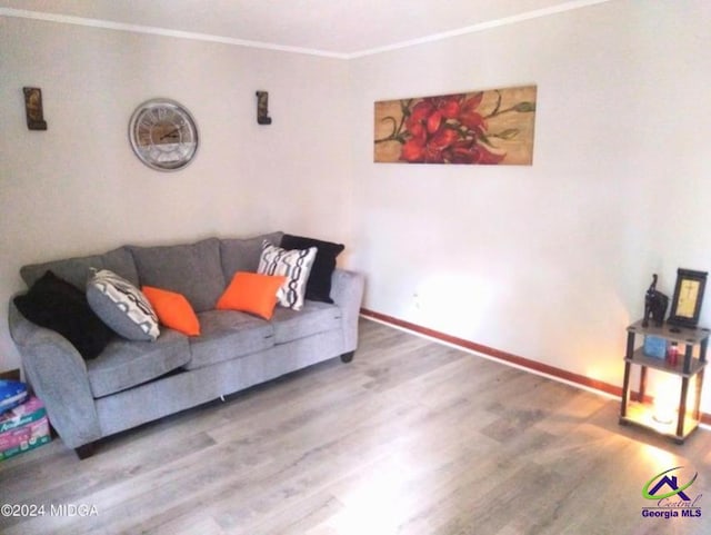 living room featuring hardwood / wood-style floors and crown molding