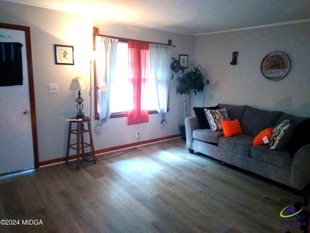 living room with dark hardwood / wood-style floors and crown molding