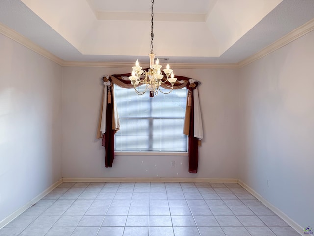 unfurnished room with a raised ceiling, light tile patterned flooring, ornamental molding, and a notable chandelier