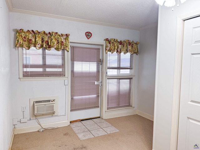 doorway featuring a wealth of natural light, light colored carpet, a wall mounted AC, and ornamental molding