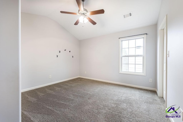 unfurnished room with carpet flooring, ceiling fan, and lofted ceiling