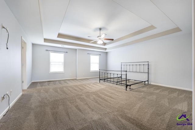 unfurnished bedroom with carpet flooring and a raised ceiling