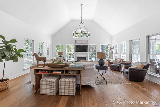 living room with hardwood / wood-style floors, high vaulted ceiling, and a notable chandelier