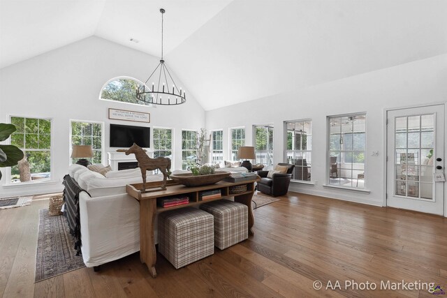 living room featuring hardwood / wood-style floors, plenty of natural light, and high vaulted ceiling